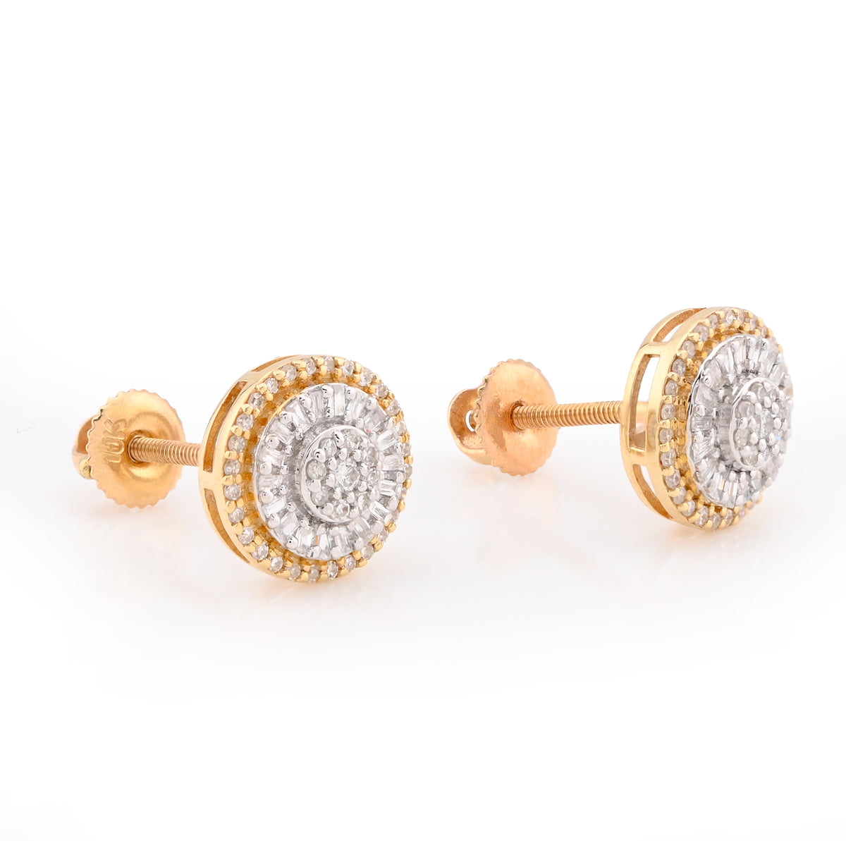 10K Yellow Gold 0.32CT Round/Baguette Natural Diamond Halo Cluster Flower Earrings Men Women Studs — view 2