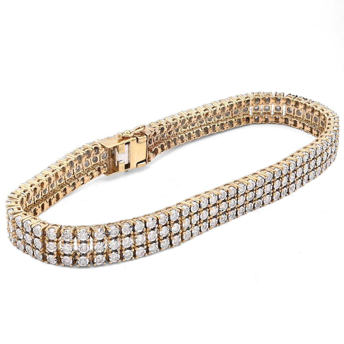 10K Yellow Gold 3 Row 4CT Natural Diamond 9" Men Women 8.5MM Tennis Bracelet — view 2