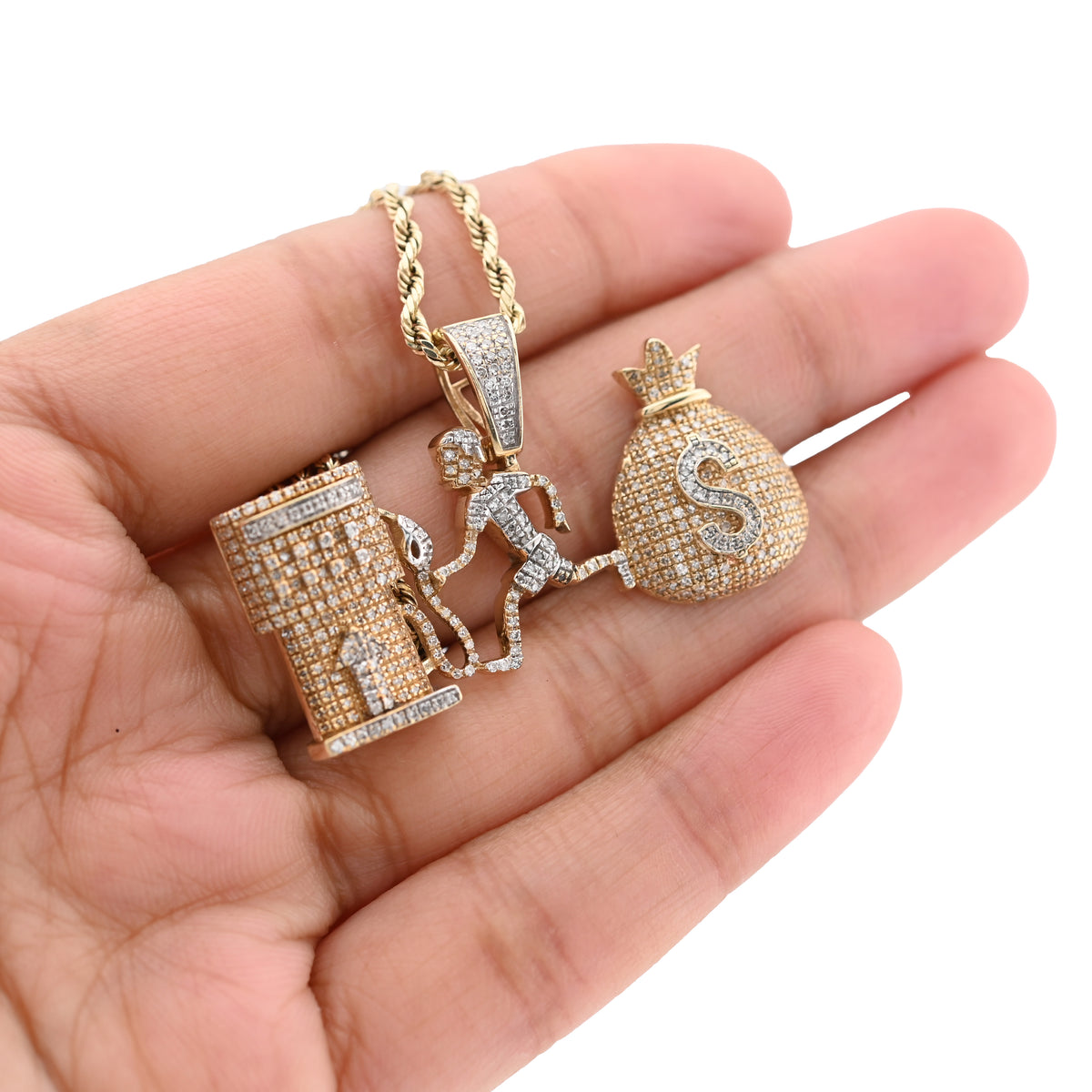 10K Yellow Gold Custom "Pump Human Money Bag" 0.86CT Natural Diamond Pendant Charm — view 4