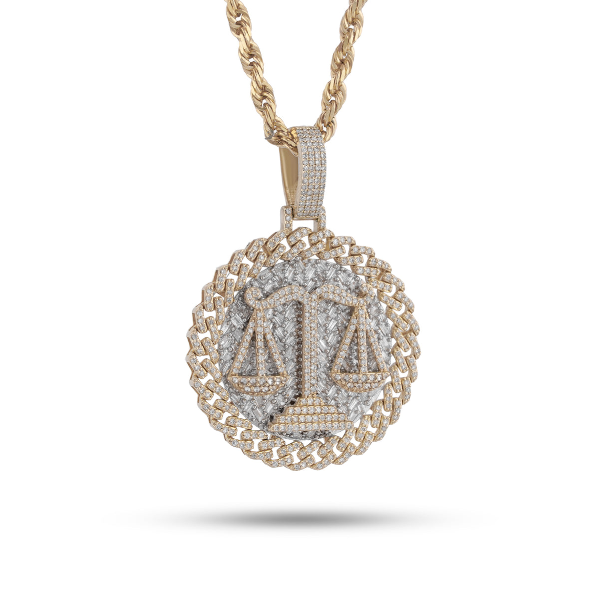 Libra Scale Cuban Link Edge Charm Baguette/Pointer 1.9ct Natural Diamond 10K Gold Men Women Pendant