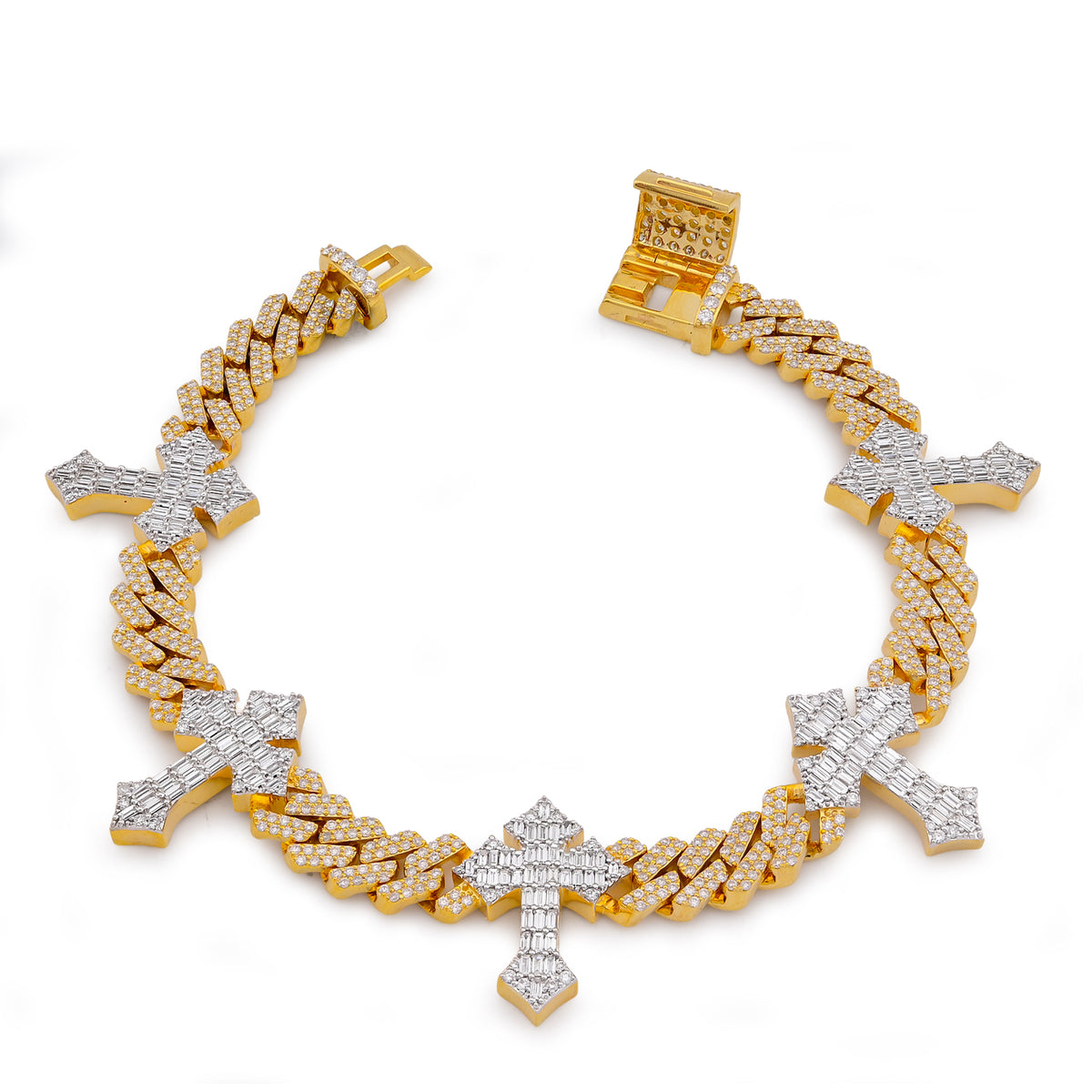 Prong Set Cuban Cross Link Natural Diamond Baguette/Round 5.49CT 10K Gold Bracelet 8" — view 7