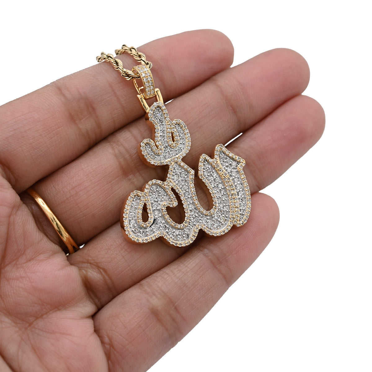 10K Yellow Gold 1.25 CT Natural Diamond Allah Religious Pendant Men Women Charm 1.75" — view 7