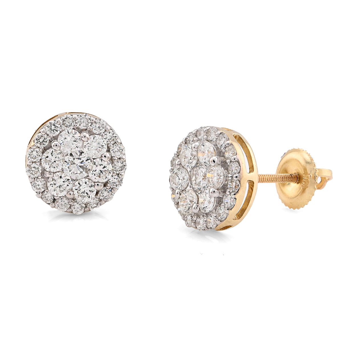10K Yellow Gold 1.37CT Halo Cluster Flower Studs Natural Diamond Men Women Earrings — view 3