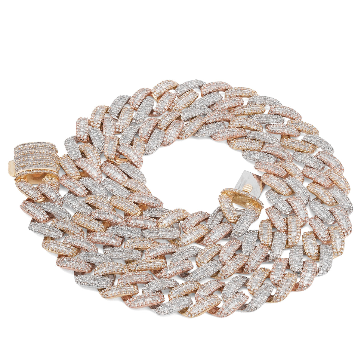 10K 3-Tone Yellow/White/Rose Gold 26CT Natural Diamond Round/Baguette 13MM Chain Men 22" Necklace — view 7