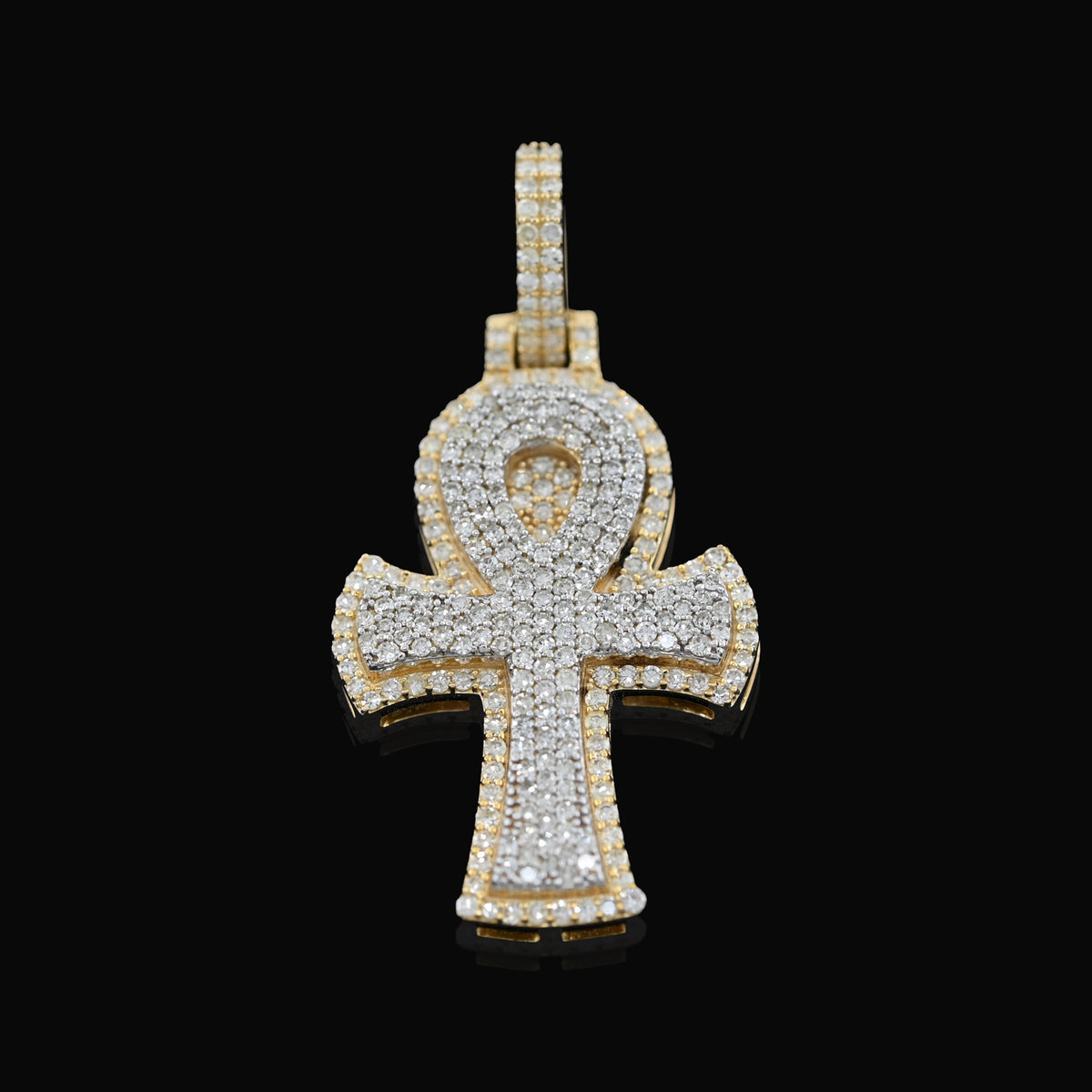 10K Yellow & White Gold 2 Tone 0.88CT Natural Diamond Egyptian Cross Pendant 1.4" Men Women Charm — view 10