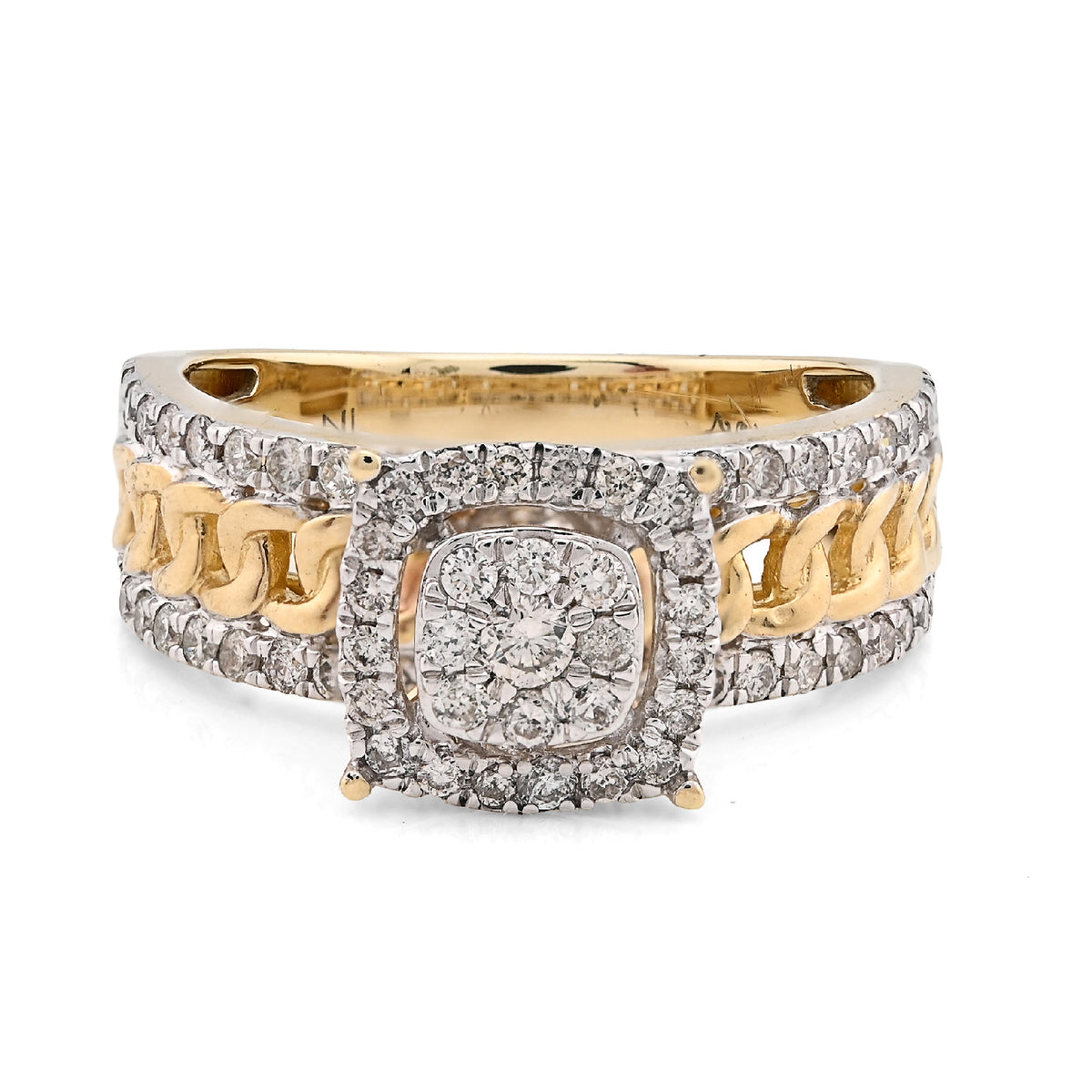 10K Yellow Gold 1.25CT Natural Diamond Cuban Link Square Women Ring — view 1