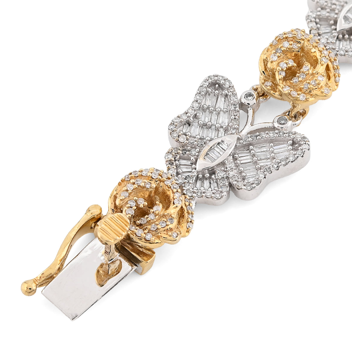 10K Yellow/White Gold 2.6CT Natural Diamond Baguette/Round Butterfly & Flower Link Women 7" Bracelet 26.7g — view 2