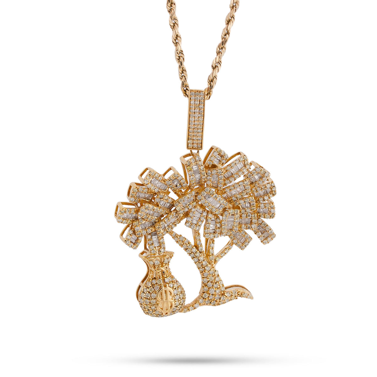10K Yellow Gold Money Tree/ Money Bag Charm 3CT Round/Baguette Natural Diamond Charm — view 2