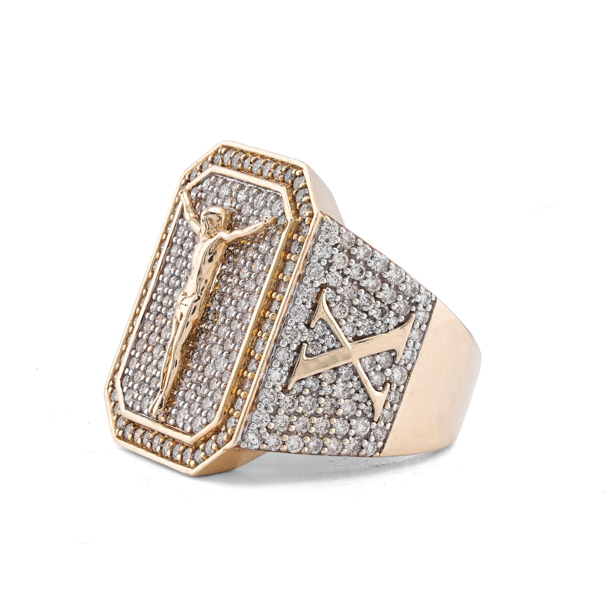 10K Yellow Gold Octagon Shape 3.95CT Natural Diamond Hanging Jesus Men Pinky Ring — view 2