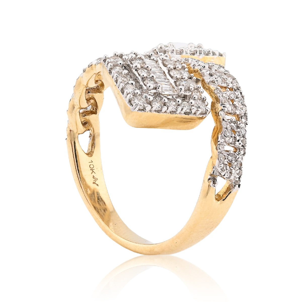 10K Yellow Gold 0.75CT Natural Diamond Split Shank Round/Baguette Twin Square Women Ring — view 7