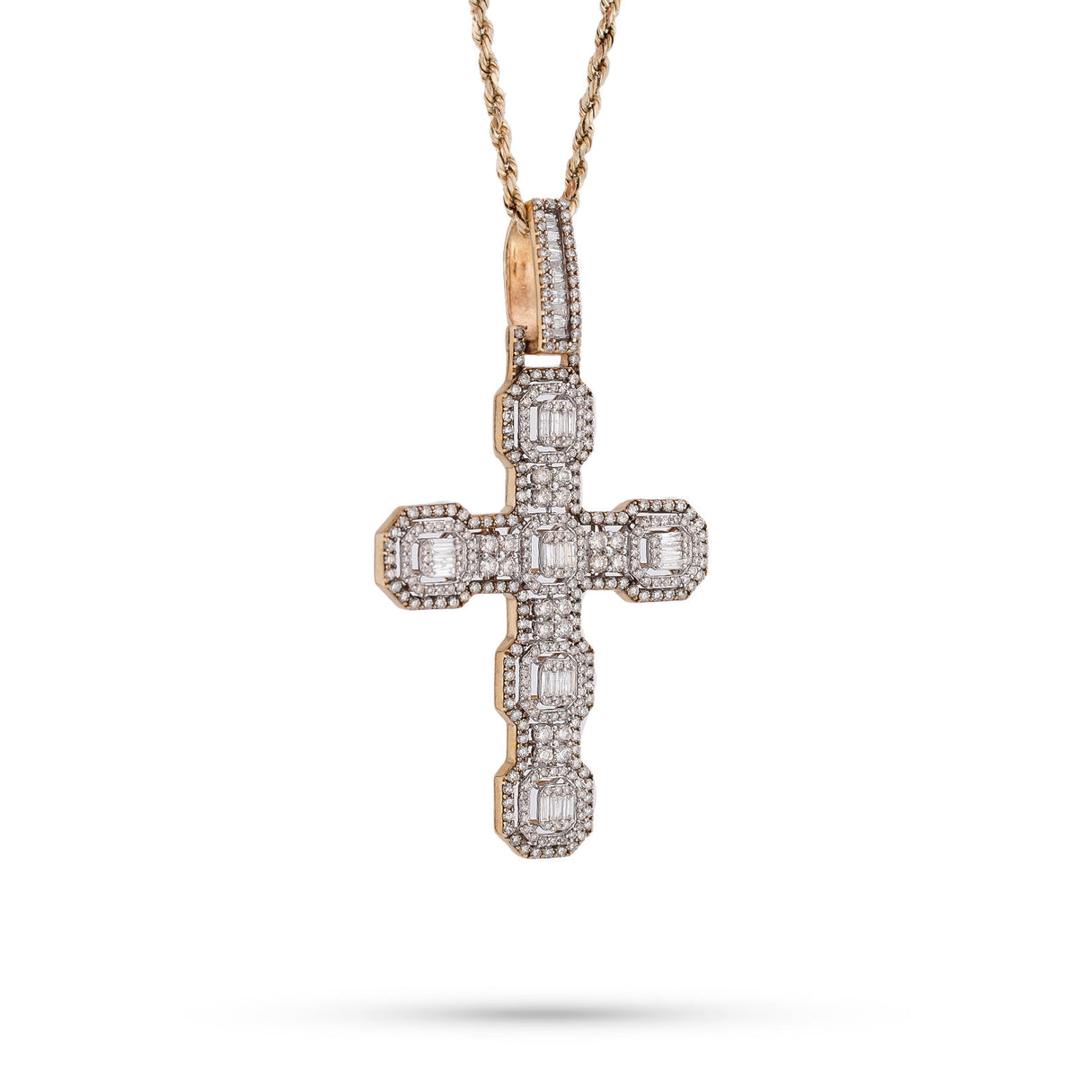 10K Yellow Gold 6.75CT Block Cross Pendant Round/Baguette Natural Diamond Charm — view 1