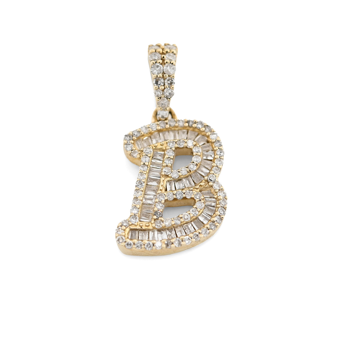 10K Yellow Gold 3/8 CTW Natural Diamond "B" Initial Pendant Round/Baguette Diamond CHarm — view 7