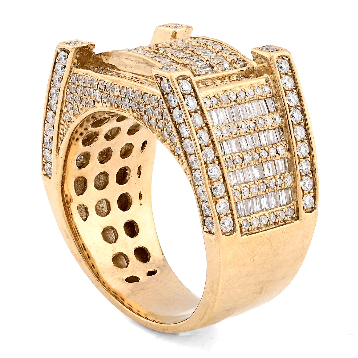 10K Yellow Gold 2.06CT Natural Diamond 3 Row Baguette Side Iced Men Pinky Ring — view 7
