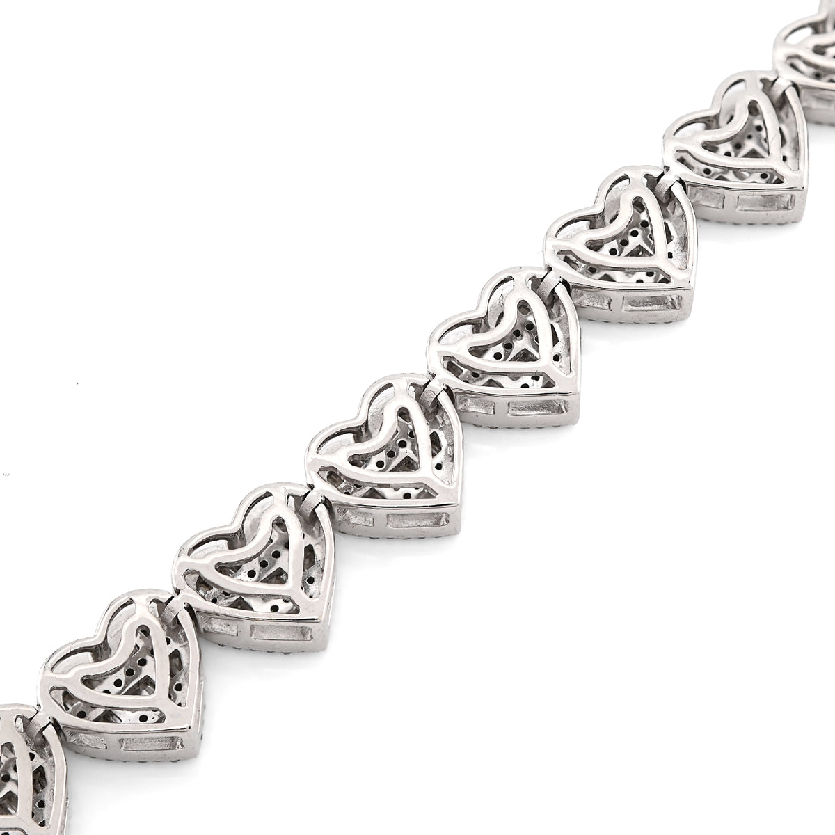 10K White Gold 2.52CT Round/Baguette Natural Diamond 7.5MM Tennis Heart Bracelet 7" 14.9g — view 4