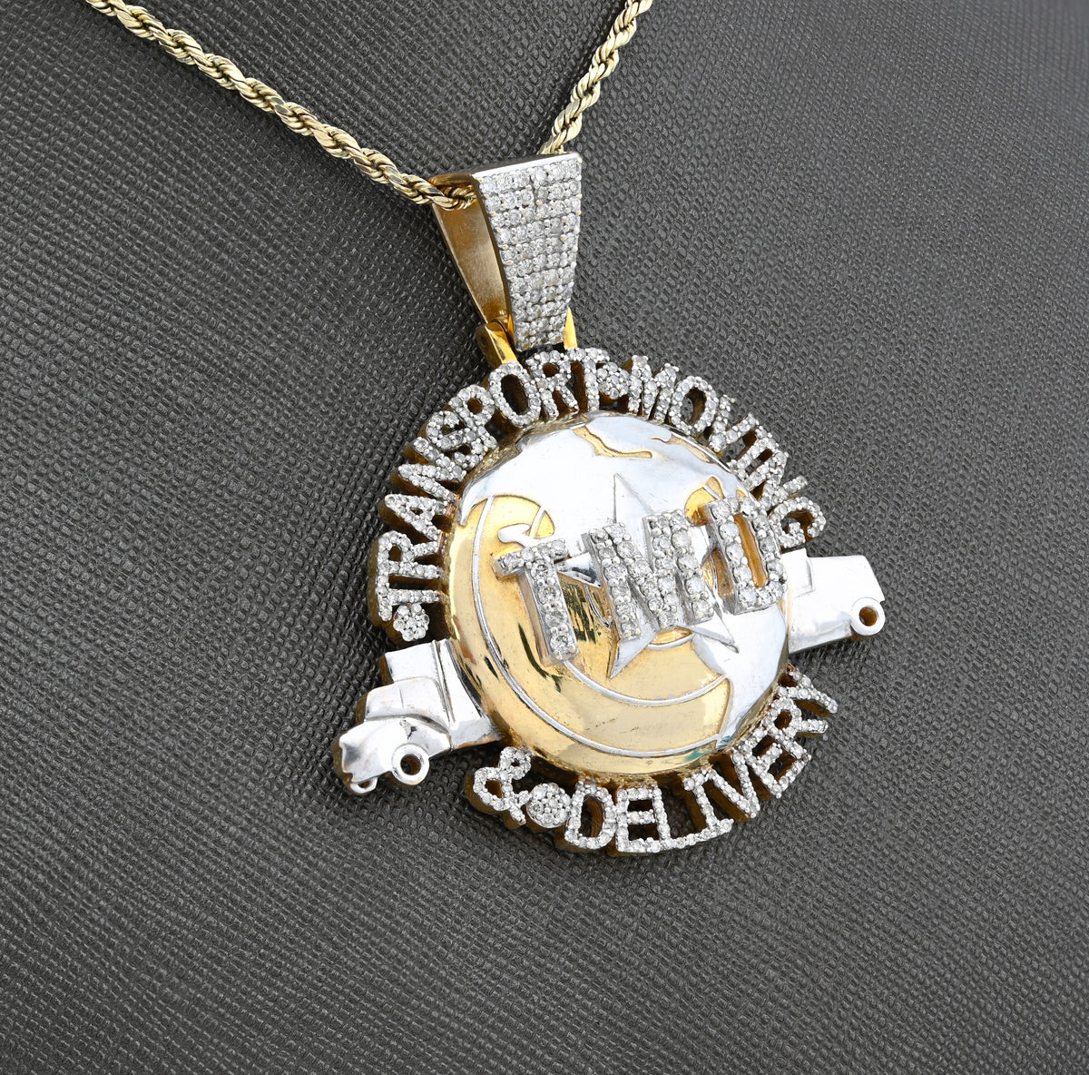 10K Yellow Gold "Transport, Moving & Delivery" Globe Truck 2CT Natural Diamond Men Pendant Charm — view 3