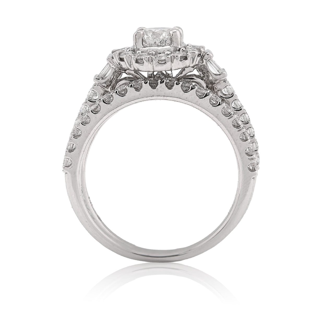 14K White Gold Solitaire/Baguette 1.50CT Natural Diamond Flower Women Wedding Ring — view 4