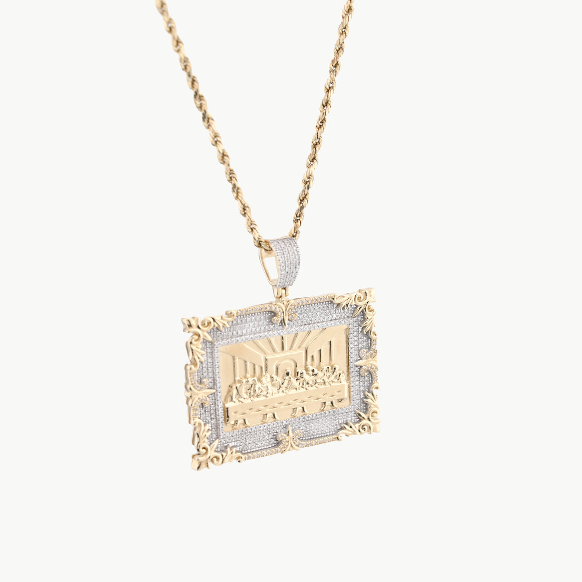 10K Yellow Gold 0.80 CT natural Diamond Last Supper Pendant Rectangular Men Women Charm 41.6 MM 14.7g — view 7
