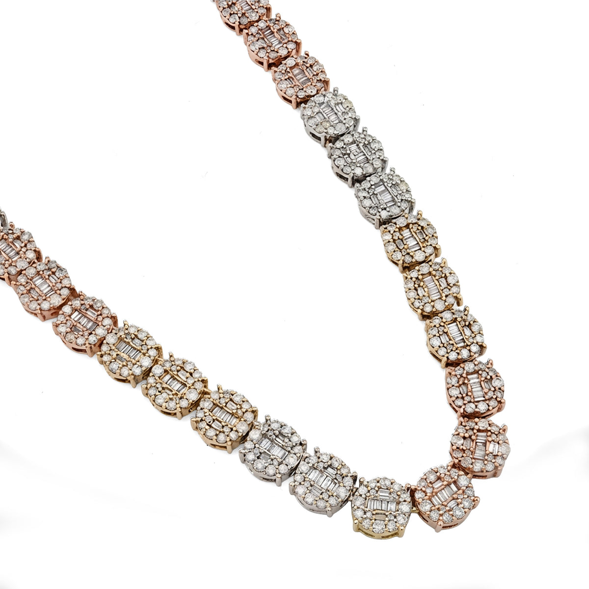 10K Yellow, White & Rose Gold 18.95 CT natural Diamond Round/Baguette 3 Tone Round Shape Tennis Chain — view 8