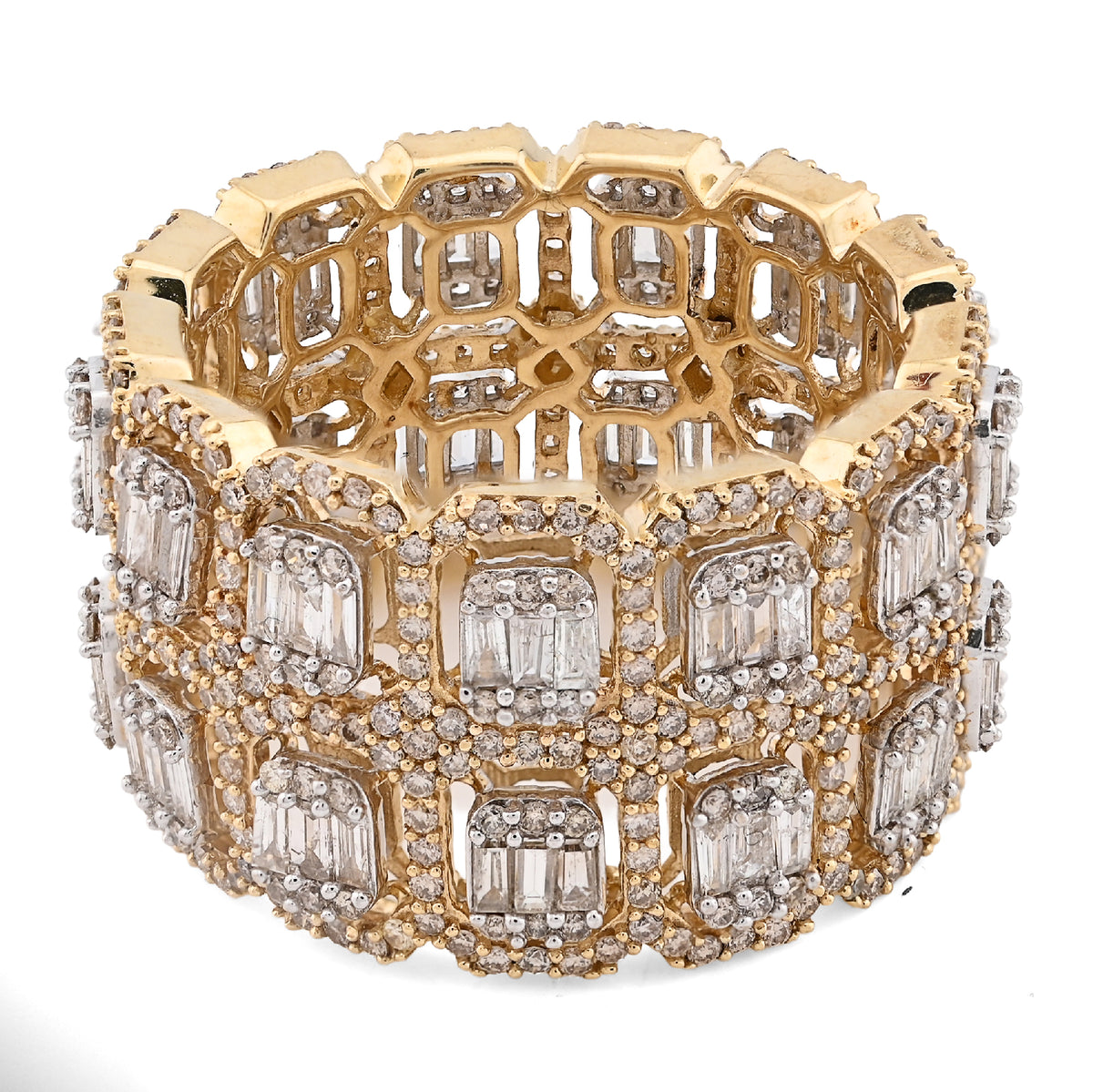 10K Yellow Gold 2 Row Round/Baguette 7CT Natural Diamond All Iced Men Ring — view 5