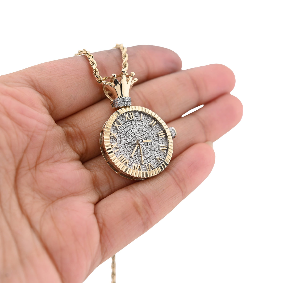 10K Yellow Gold 1Ct Natural Diamond 1Ct Clock Roman Dial Crown Pendant Men Women Charm — view 4