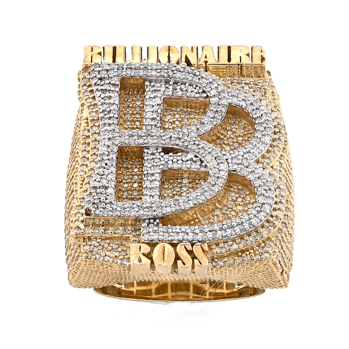 10K Yellow Gold 2.65CT BILLIONAIRE BOSS BB Initial Big Natural Diamond Men Custom Pinky Ring — view 2