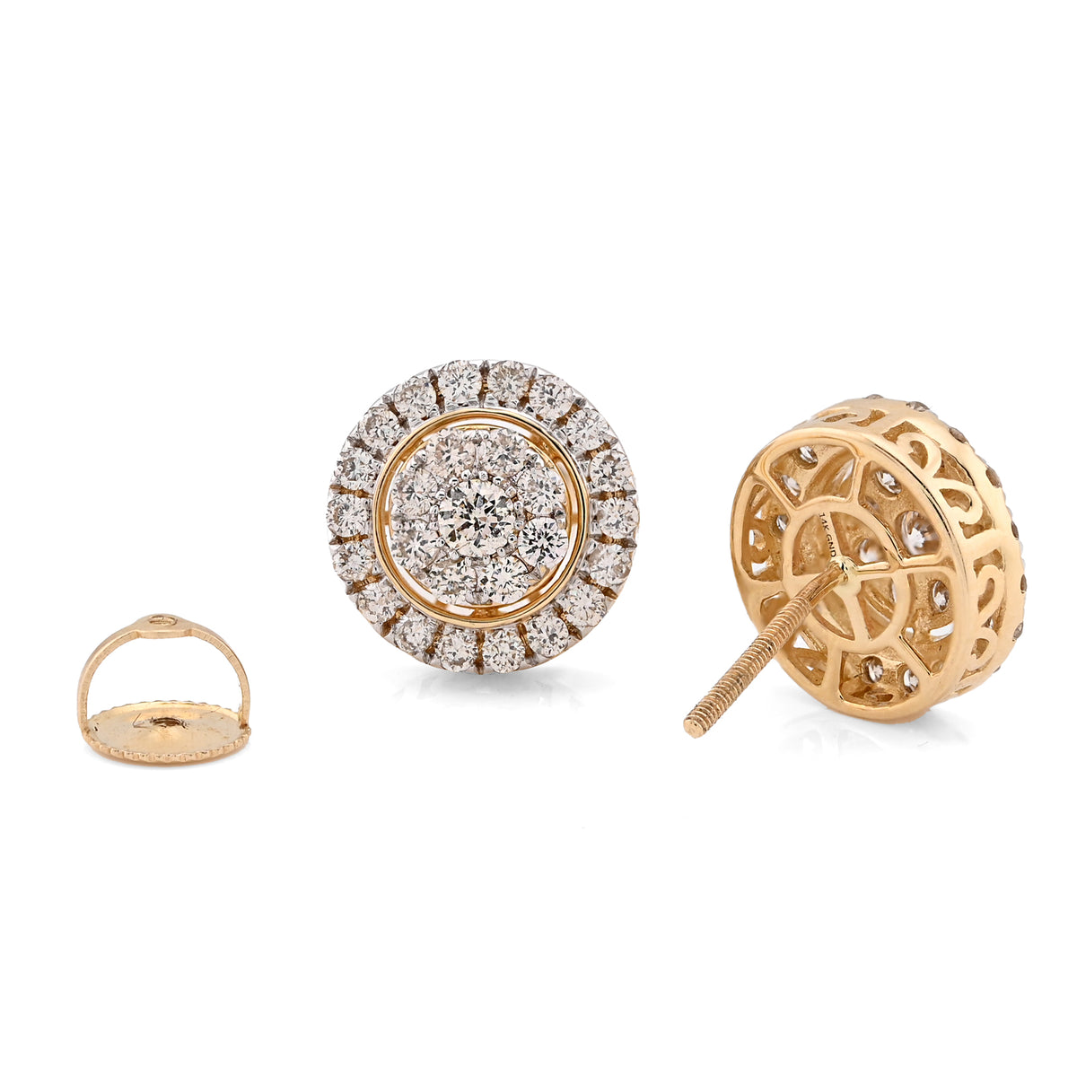 14K Yellow Gold 1.25CT Natural Diamond Round Cluster Halo Shape Men Women Earrings — view 4
