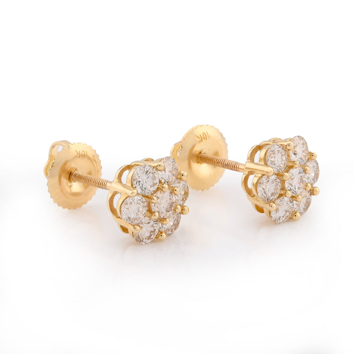 10K Yellow Gold 1CT Natural Diamond 7 Stone Flower Studs Men Women Earrings — view 2