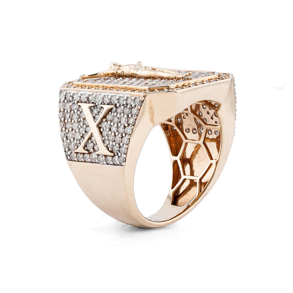 10K Yellow Gold Octagon Shape 3.95CT Natural Diamond Hanging Jesus Men Pinky Ring — view 7