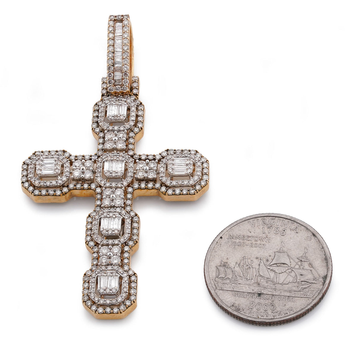 10K Yellow Gold 6.75CT Block Cross Pendant Round/Baguette Natural Diamond Charm — view 6