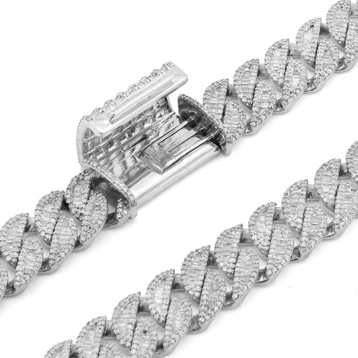925 SS 16.25CT Natural Diamond Baguette Cuban Link 12MM Men Chain 22" Necklace — view 6