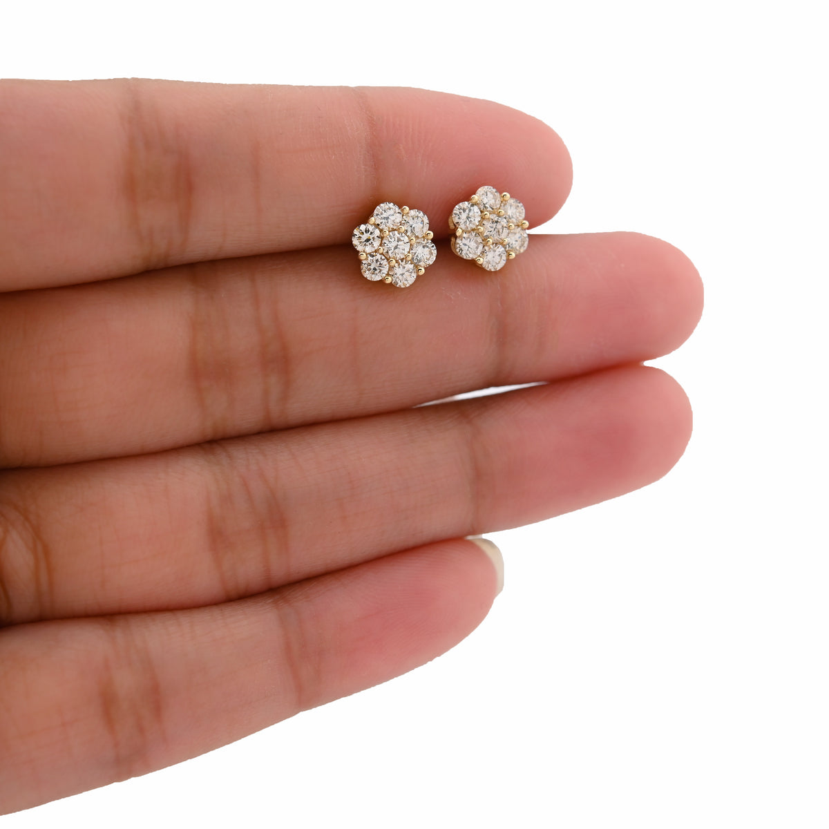 10K Yellow Gold 1CT Natural Diamond 7 Stone Flower Studs Men Women Earrings — view 5