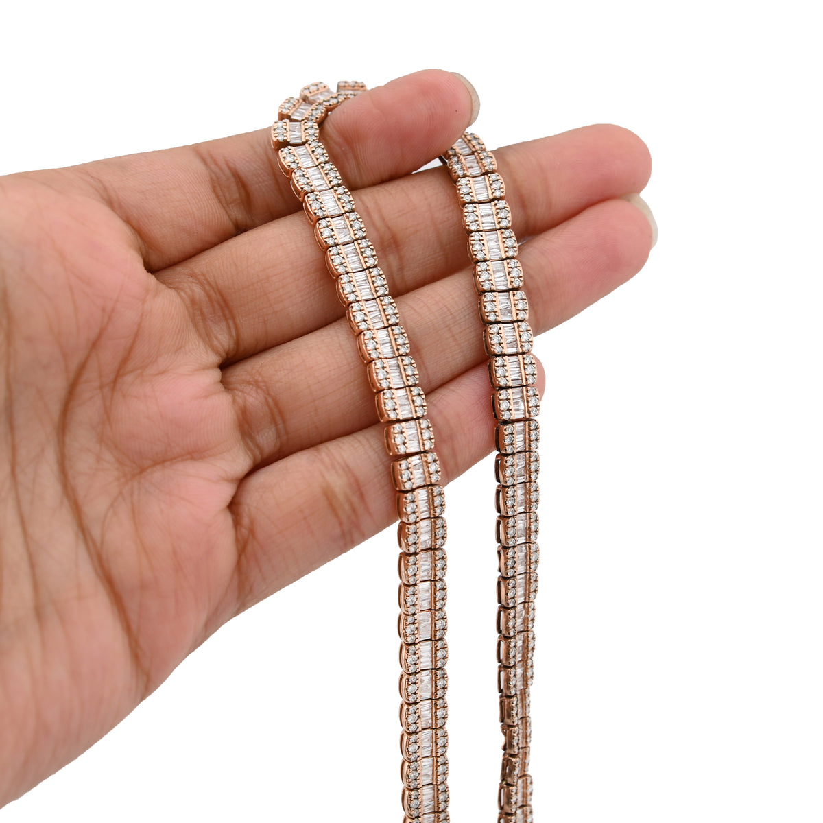 10K Rose Gold 15.4CT Natural Diamond Round/Baguette 7MM tennis Chain 7MM Men Women Necklace — view 9