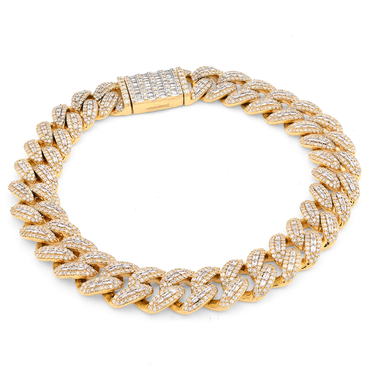 10K Yellow Gold 10MM Natural Diamond 5.47CT Round/Baguette Cuban Link Bracelet 8" Men 41.4g  — view 2