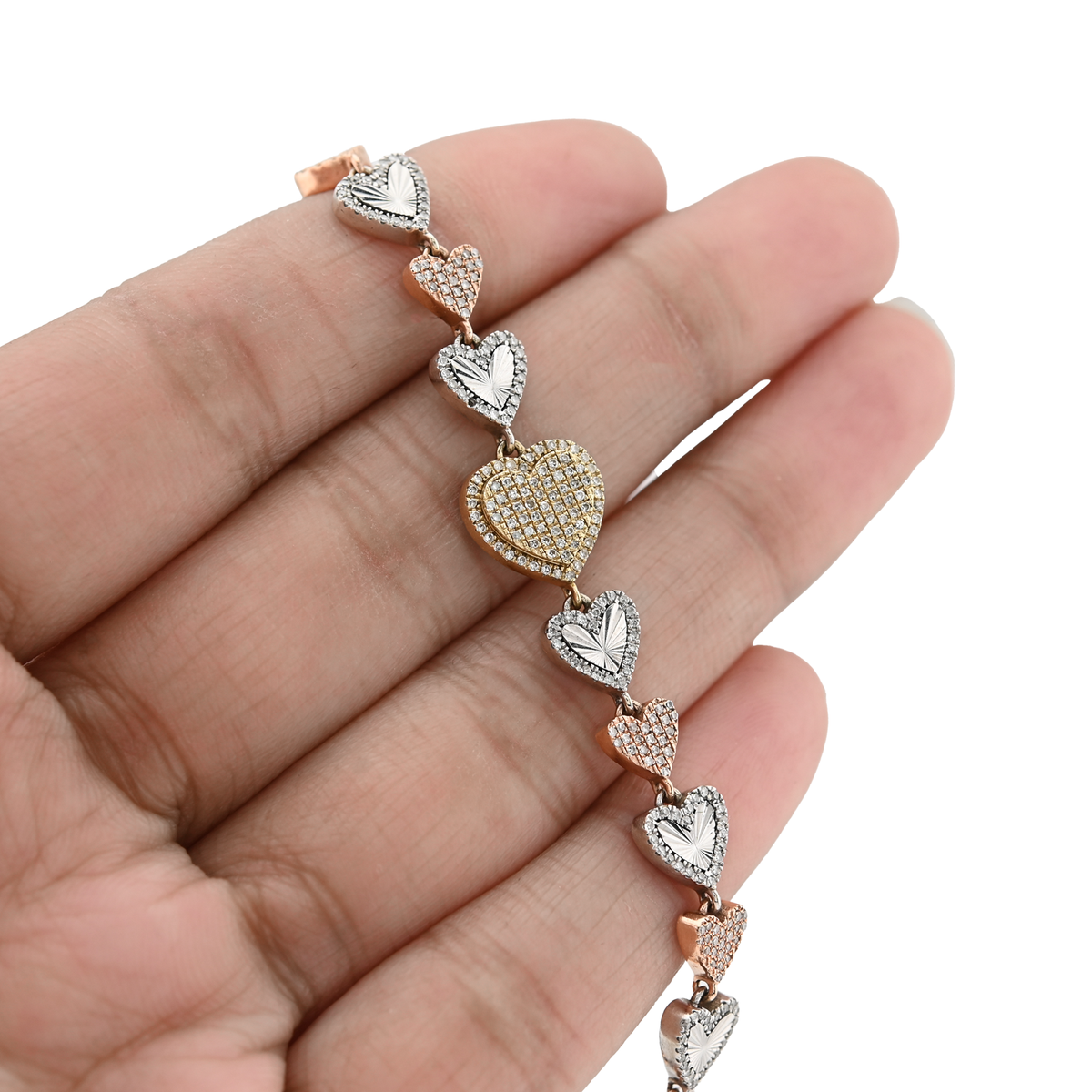 10K Yellow, White & Rose Gold 3 Tone 2CT Natural Diamond Heart Bracelet — view 1