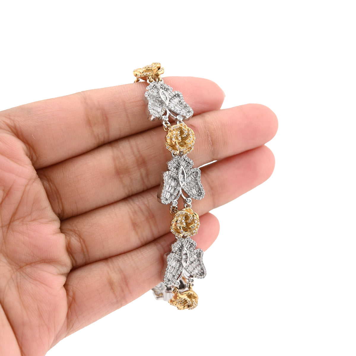 10K Yellow/White Gold 2.6CT Natural Diamond Baguette/Round Butterfly & Flower Link Women 7" Bracelet 26.7g — view 5