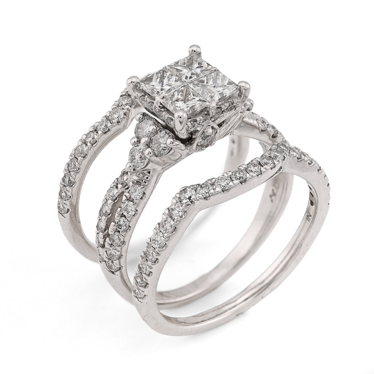 14K White Gold 1.50CT Natural Diamond Princess Cut/Round Square Shape Women 2 Band Wedding Ring — view 7