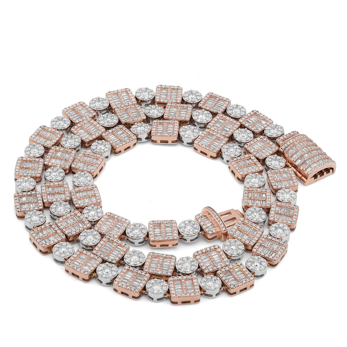 10K Rose/White Gold Square Round Link Natural Round/Baguette Diamond Men Women Tennis Chain — view 6