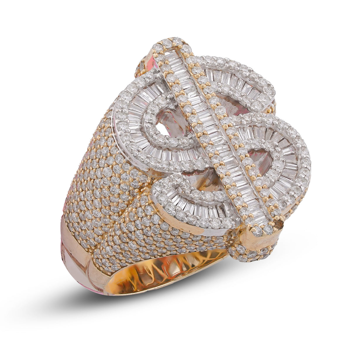 Dollar Sign Ring Baguette/ Round 3.3CT Natural Diamond 10K Gold Men Ring