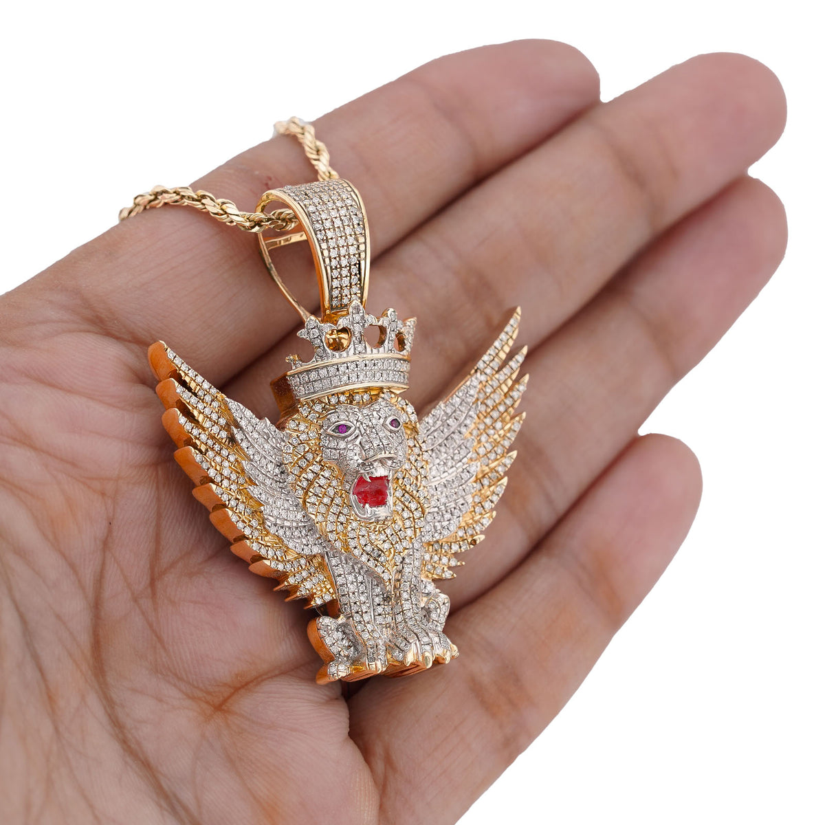 10K Yellow Gold Lion w/ Wings & Crown 4.89CT Natural Diamond Charm — view 3