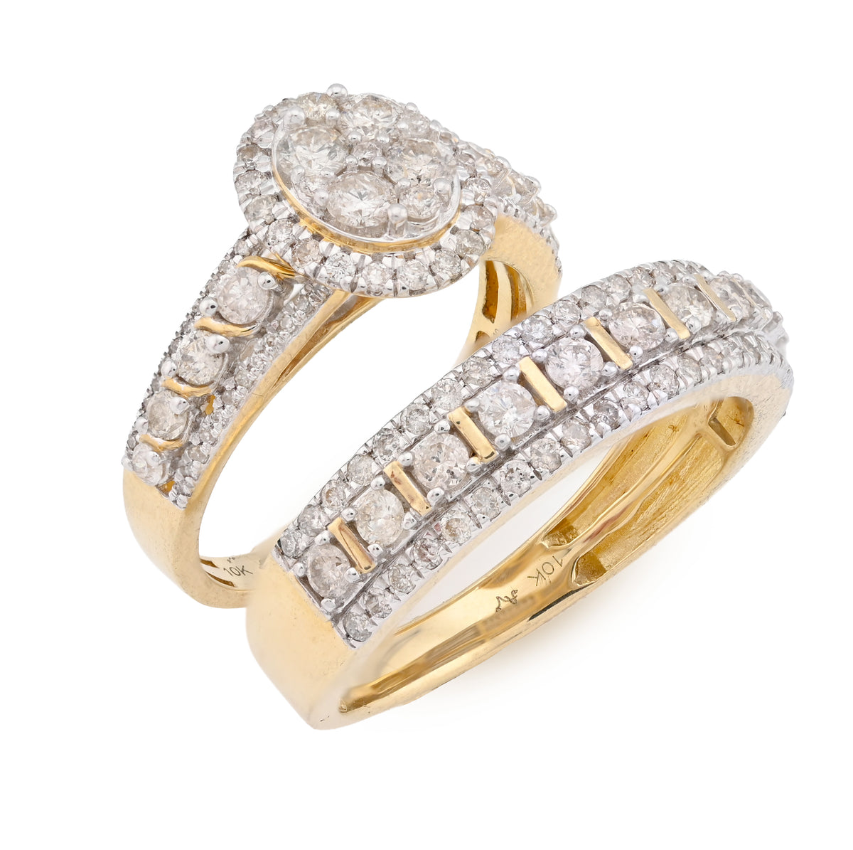 10K Yellow Gold 2CT Natural Diamond 2 Layer Oval Shape Round Men Women Wedding Ring Set — view 6