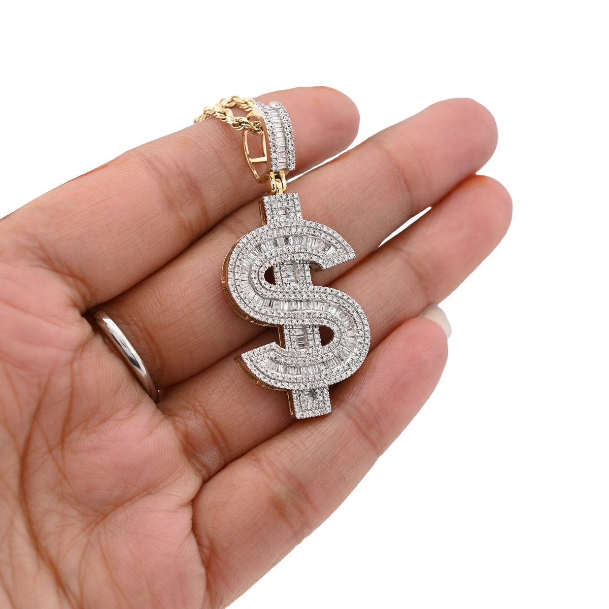 10K yellow Gold 1.40 CT Natural Diamond "$" Sign Charm Men 48.5 MM Pendant 7g — view 5