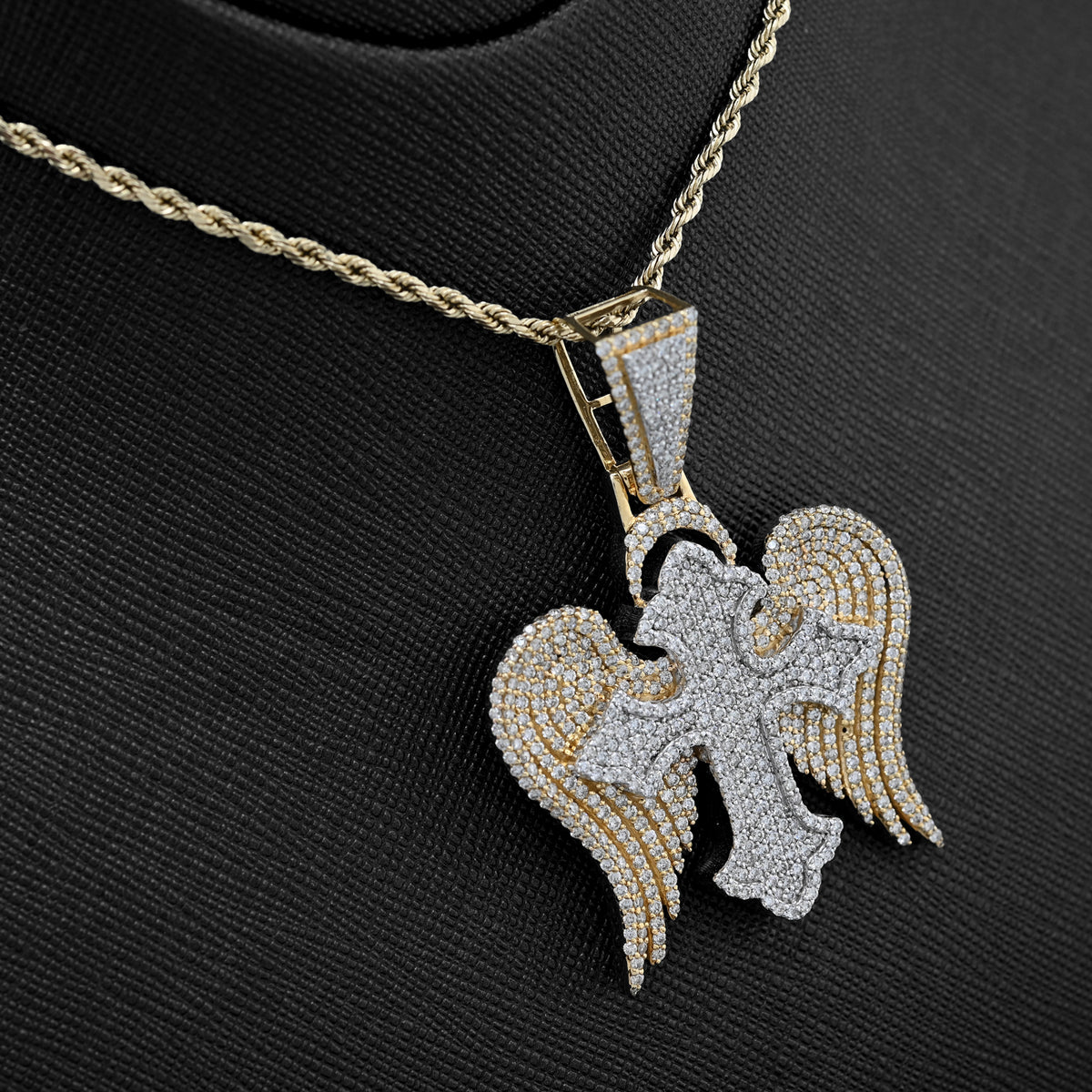 10K Yellow & WHite Gold 2 Tone 4.3CT Natural Diamond 3D angelic wing Cross 2.25" Men Women Charm — view 10