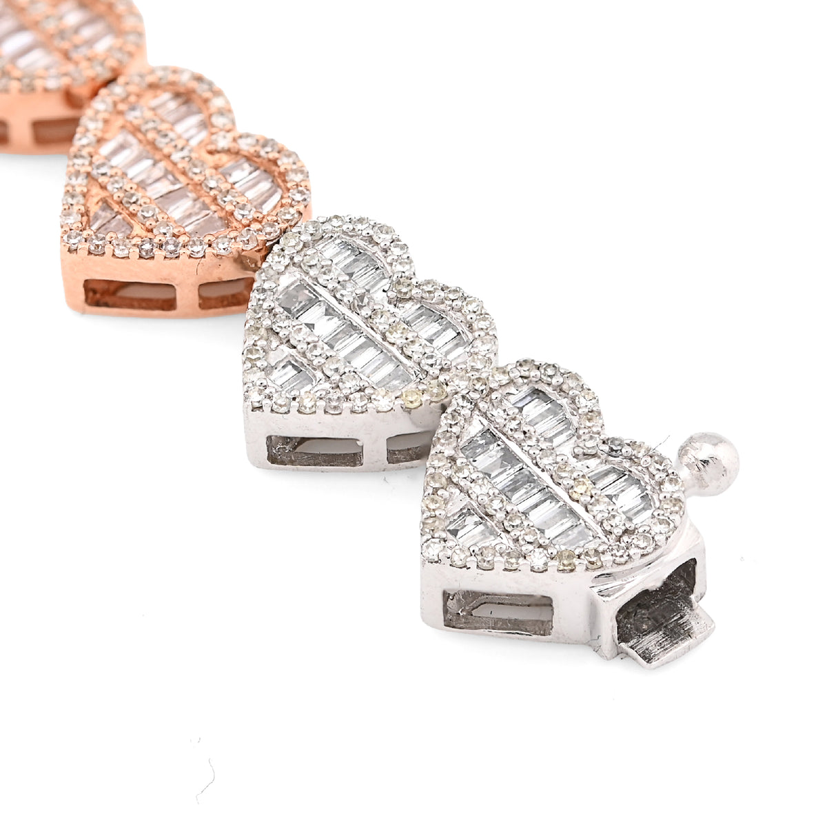 10K Rose & White Gold 2 Tone 2.72CT Round/Baguette Natural Diamond 7.5MM Tennis Heart Bracelet 7" 14.8g — view 5