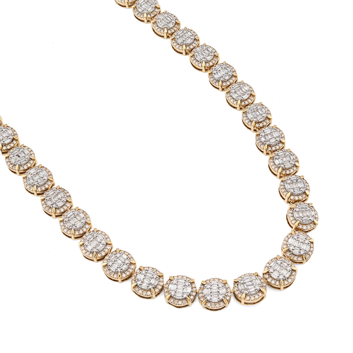 10K Yellow Gold 14 CTW Natural Diamond Baguette/Round Tennis Chain Round Shape Link 20" Necklace — view 7