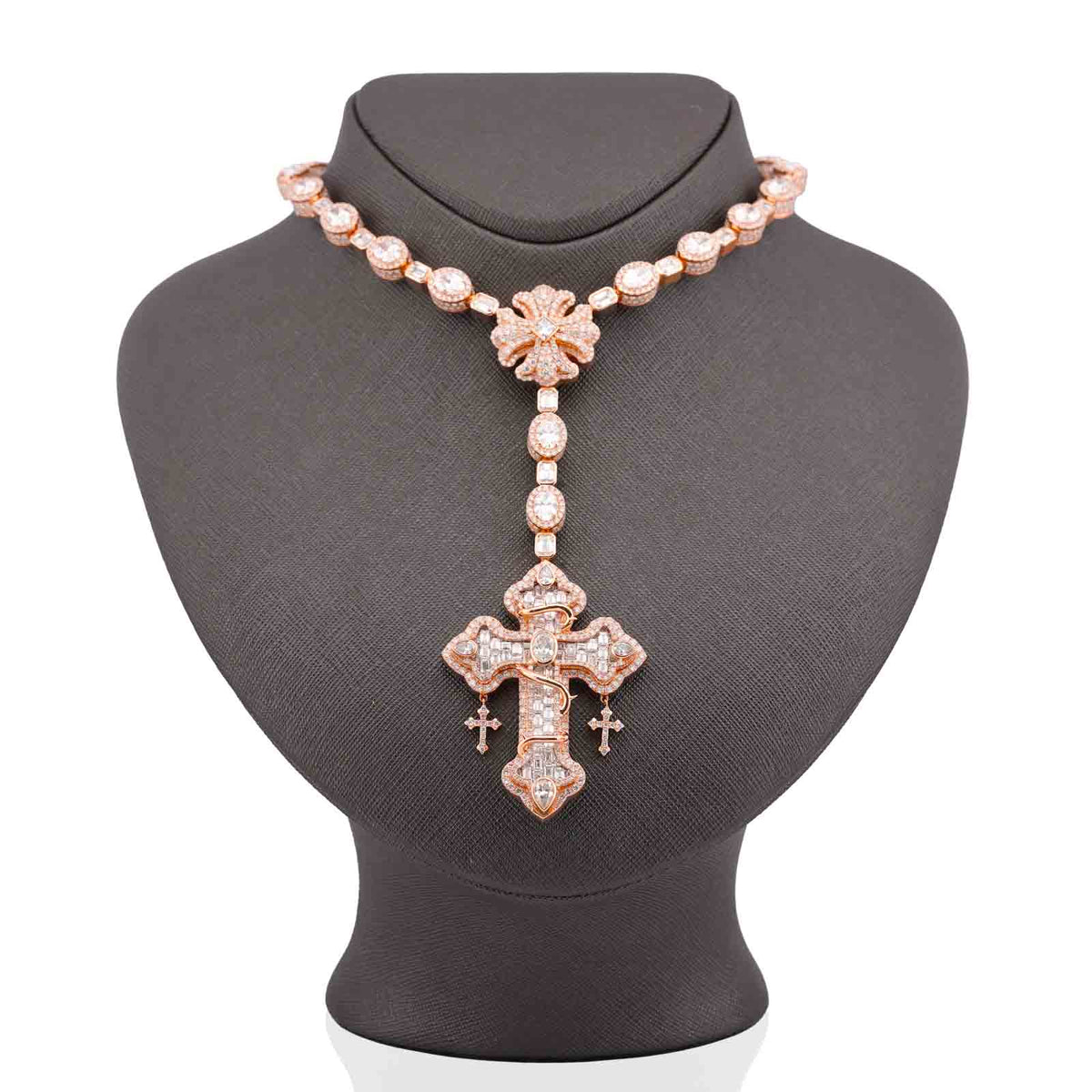 925 Rose/White 60.61CT Oval/Emerald/PRincess/Pear Solitaire Cross Lab Diamond Men Women Rosary Chain — view 9