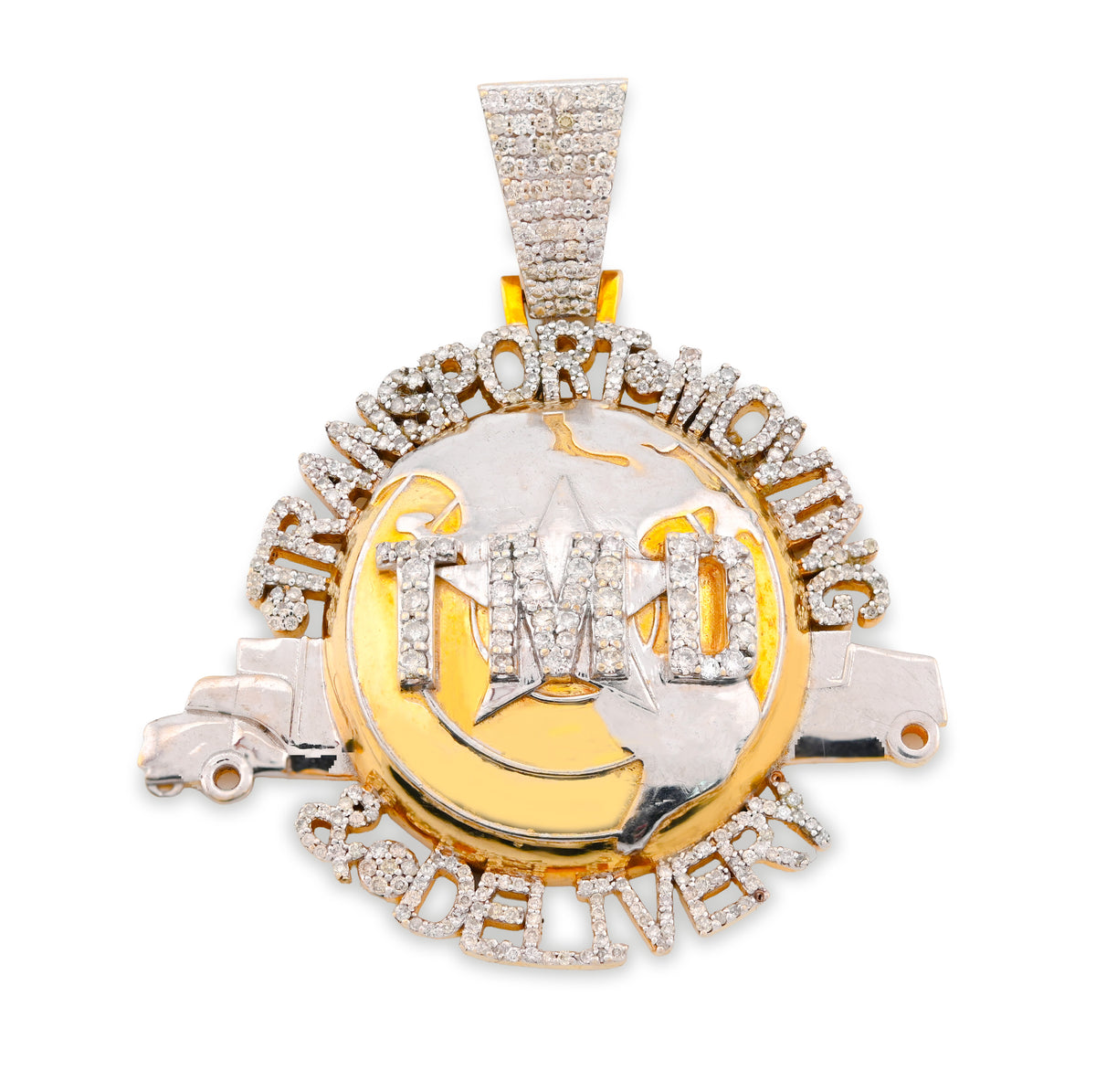 10K Yellow Gold "Transport, Moving & Delivery" Globe Truck 2CT Natural Diamond Men Pendant Charm — view 1