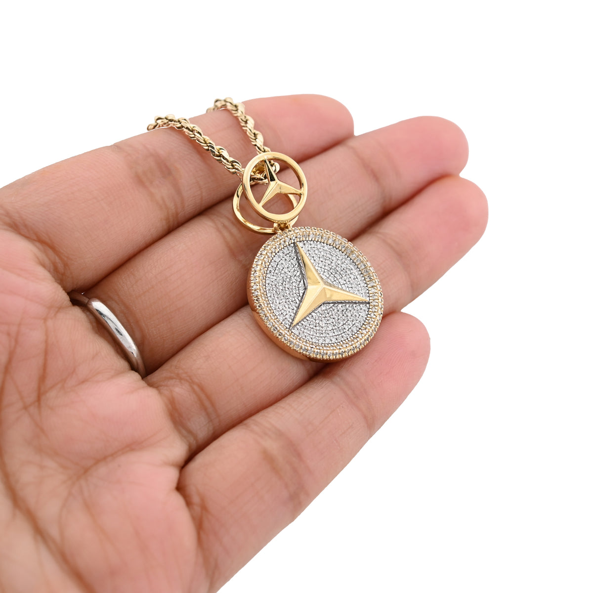 10K yellow Gold 0.63 CT Natural Diamond Mercedes Symbol Charm men Pendant 33.4MM — view 2