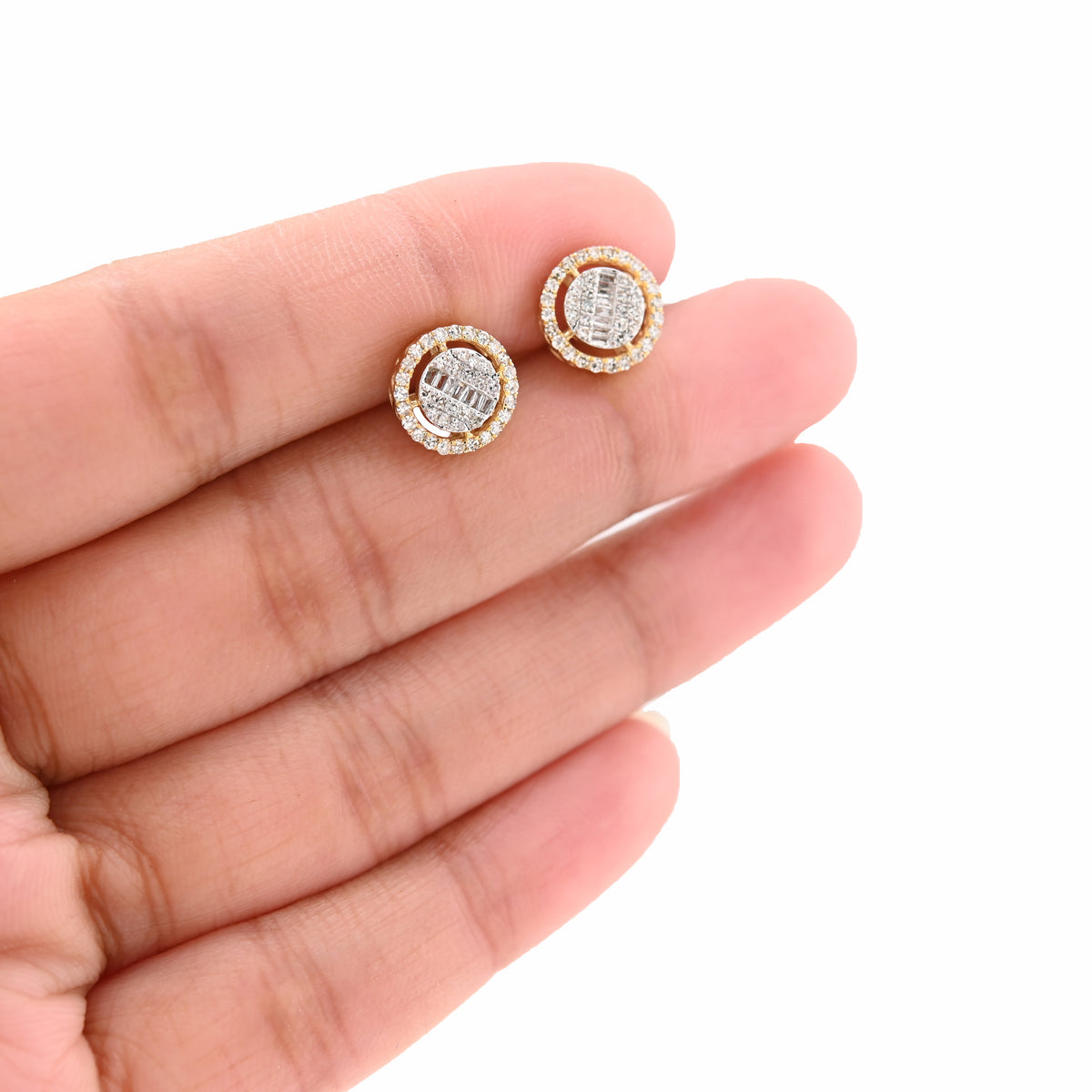 10K Yellow Gold 0.50CT Round/Baguette Natural Diamond Round Halo Shape Studs Men Women Earrings — view 5
