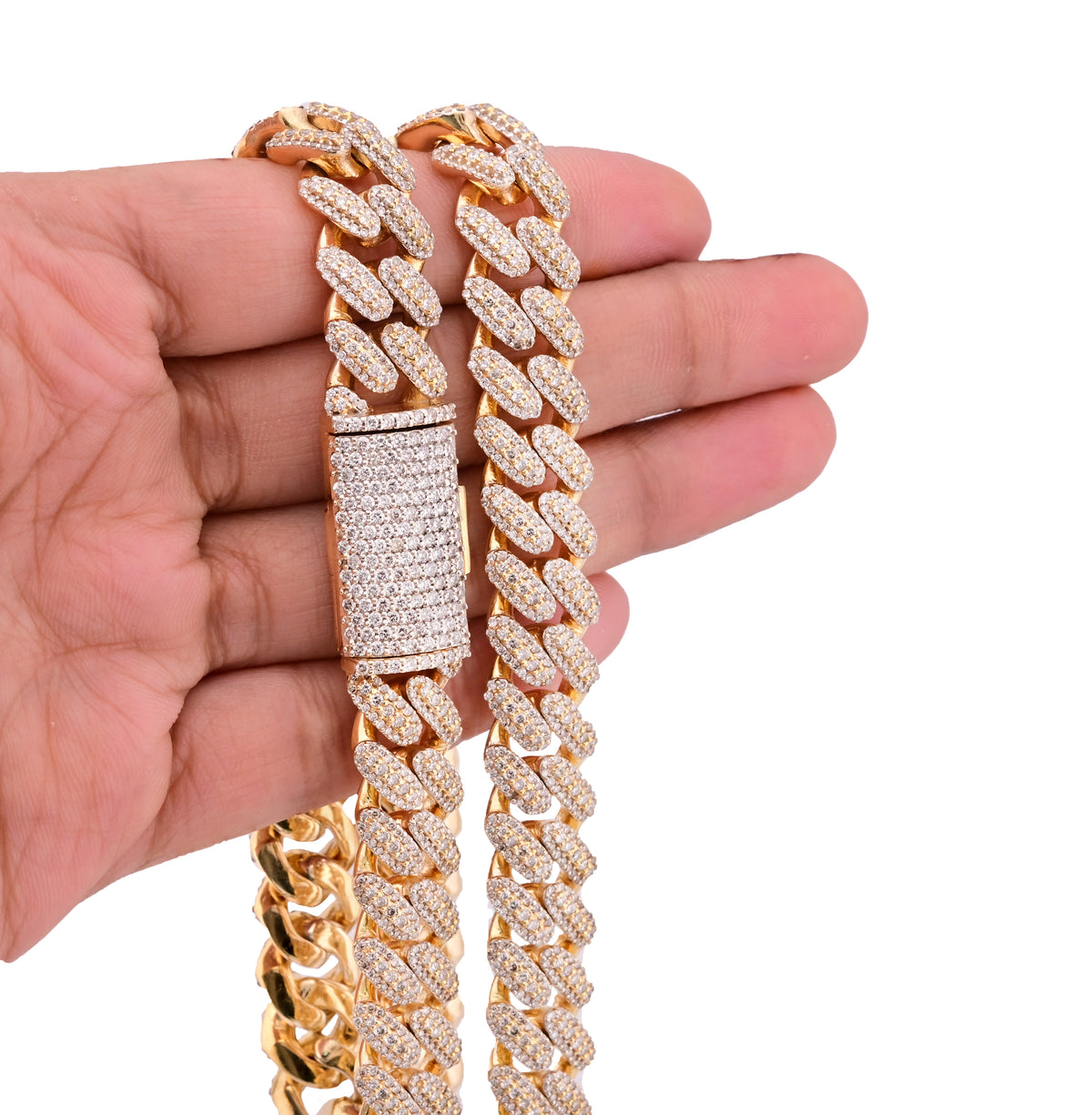 10K yellow Gold 25CT Natural Diamond Round 12MM Cuban Link Chain Men 24" Necklace — view 8