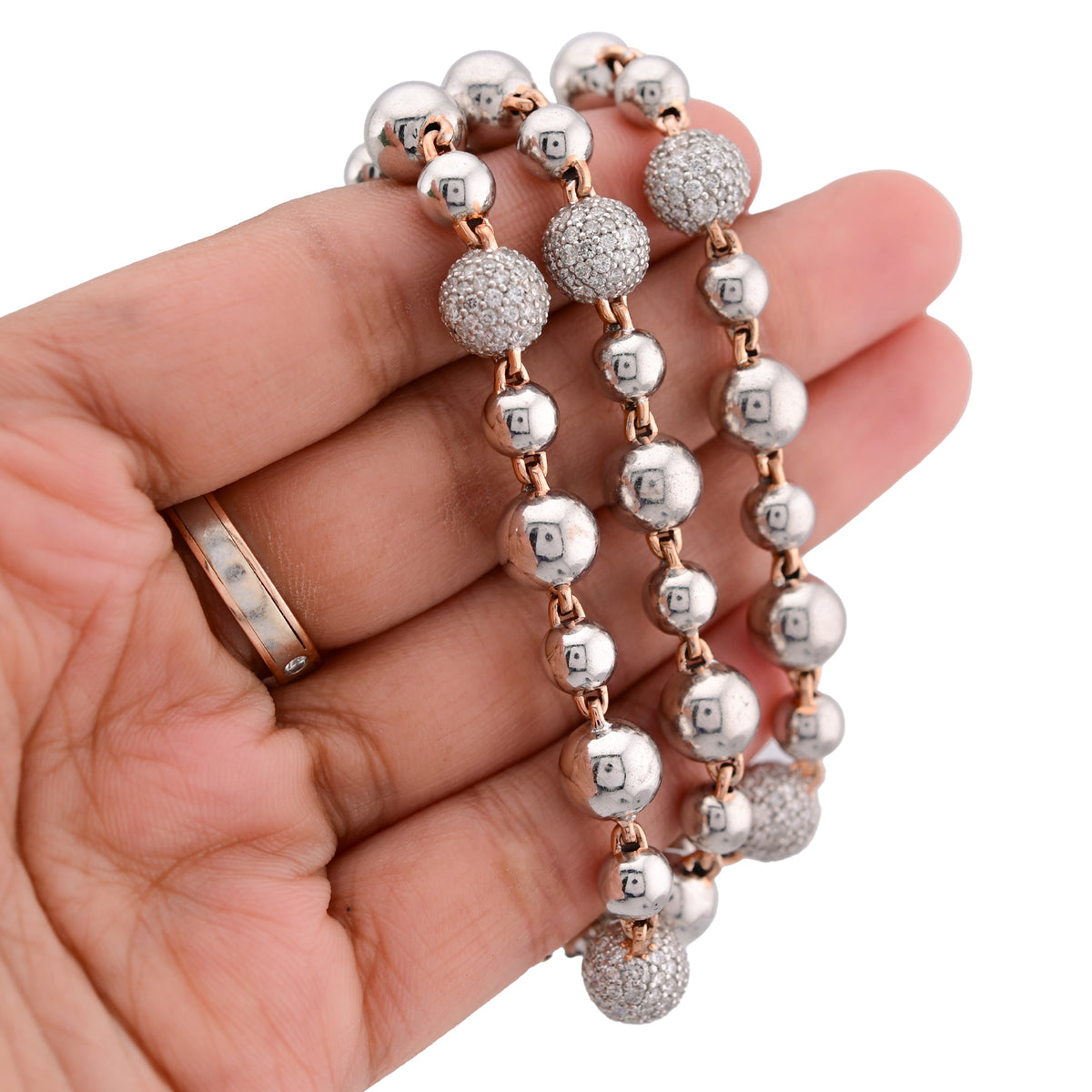 Bead Ball Chain Two Tone Rose/White 8CT Lab Diamond 925 Silver 8.5MM 20" Necklace — view 7